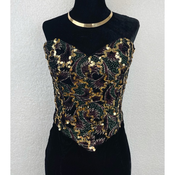(VTG) JESSICA MCCLINTOCK • Gunne Sax Black Velvet Sequin Strapless Mini Dress - Picture 4 of 16
